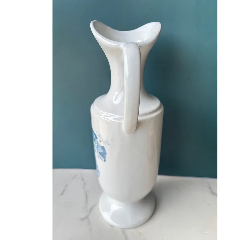 Vintage Royal Haeger White Blue Floral Ceramic Pitcher Vase Ewer Dundee IL 12in